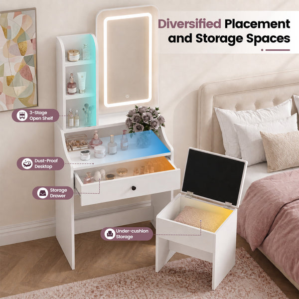 Sweetcrispy 24" Vanity Desk with Mirror, LED Makeup Vanity with 3 Light Modes & Power Outlet, Storage Drawers & Stool, Dressing Table for Bedroom