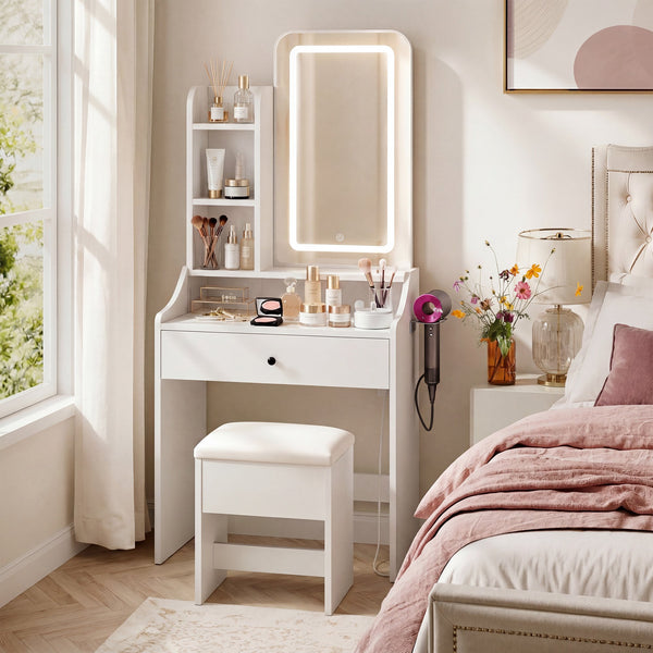 Sweetcrispy 24" Vanity Desk with Mirror, LED Makeup Vanity with 3 Light Modes & Power Outlet, Storage Drawers & Stool, Dressing Table for Bedroom