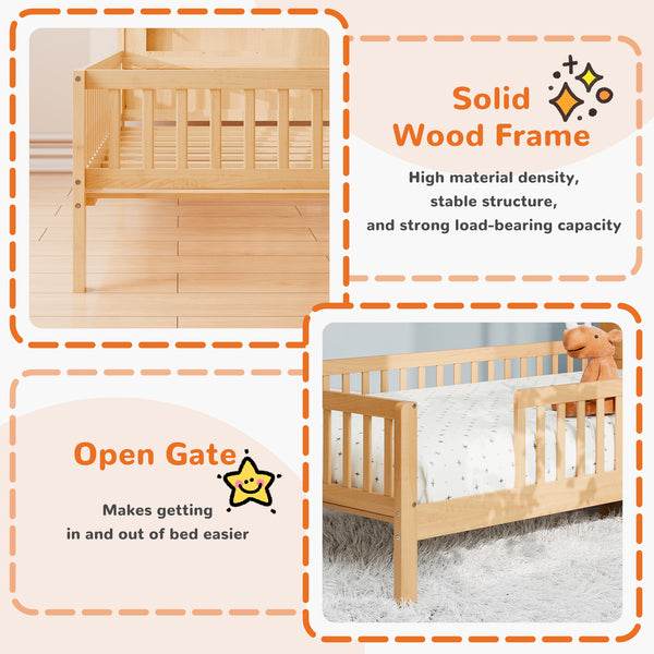 Sweetcrispy Solid Wood Twin Bed Frame with House Headboard & Guardrails for Children