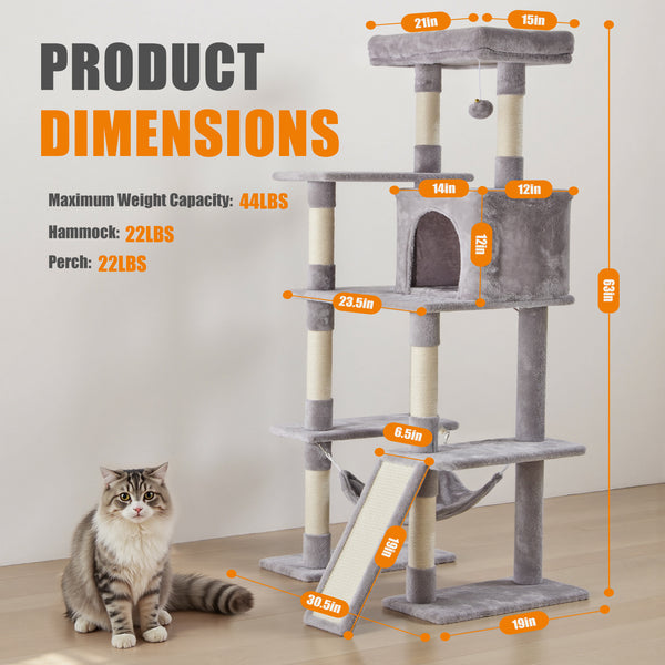 Sweetcrispy 63 Inch Plush Cat Tree Tower with Condo and Sisal Posts