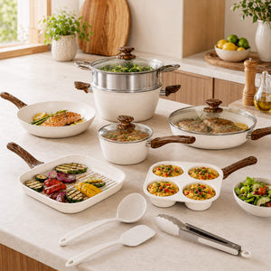 Sweetcrispy 17-Piece Non-Stick Cookware Set with Detachable Handles