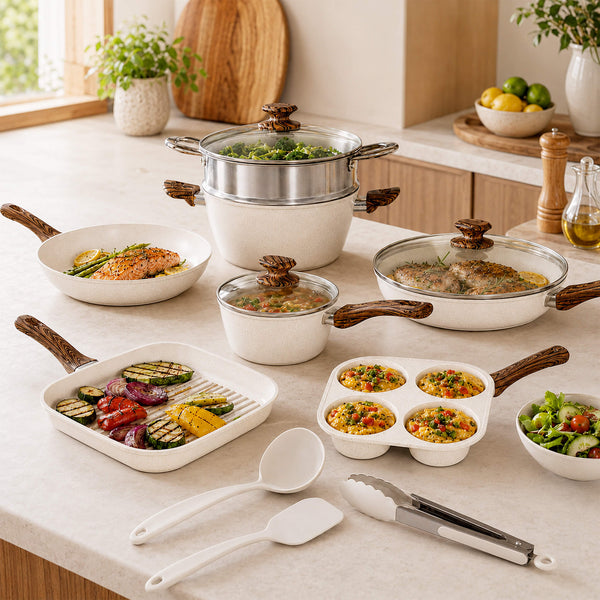 Sweetcrispy 17-Piece Non-Stick Cookware Set with Detachable Handles