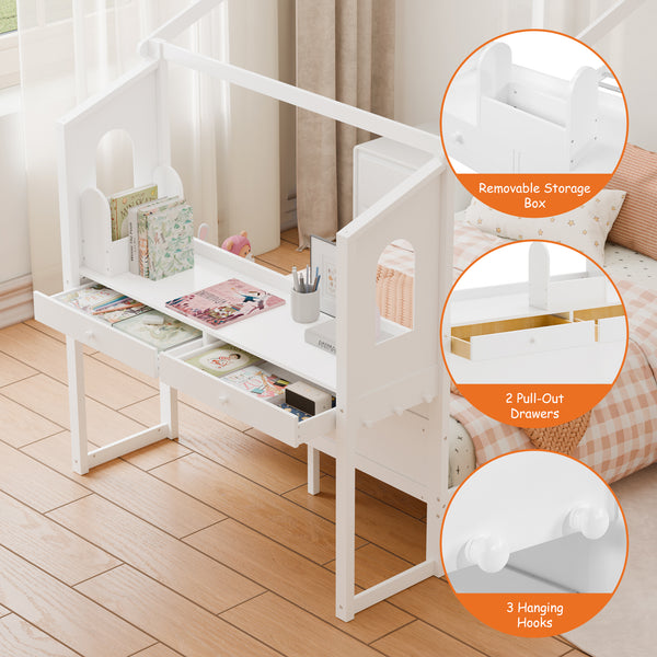 Sweetcrispy Wooden House Bed Frame with built-in Desk for Children, White