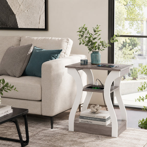 Sweetcrispy 3-Tier End Table with Charging Station for Living Room & Bedroom