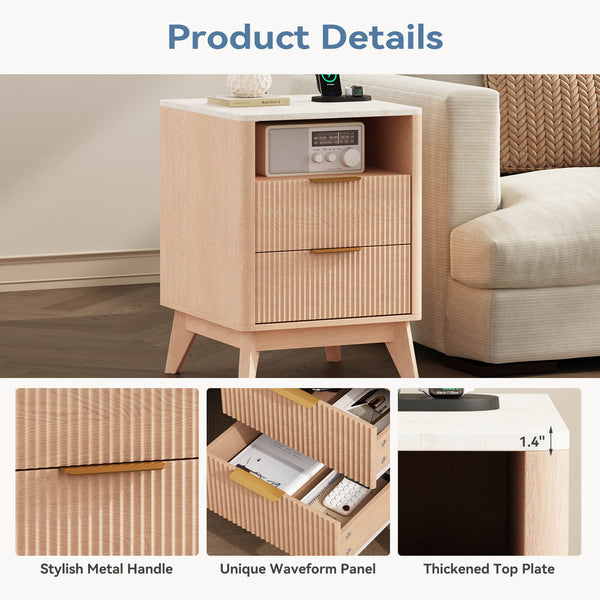 Sweetcrispy Wooden Nightstand with AC Outlets – Mid-Century Design
