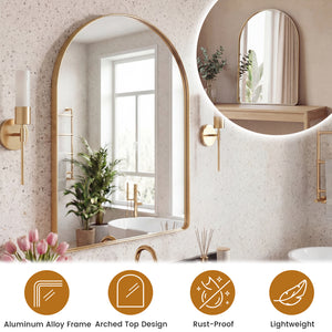 Sweetcrispy Arched-Top Rectangular Wall-Mounted Mirror – Aluminum Frame, HD Tempered Glass, Perfect for Bathroom, Bedroom & Living Room