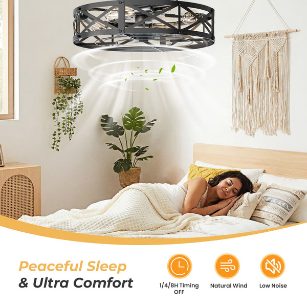 Sweetcrispy Farmhouse Caged Ceiling Fan with Light Flush Mount Fandelier Remote Dimmable LED for Bedroom Living Room Kitchen