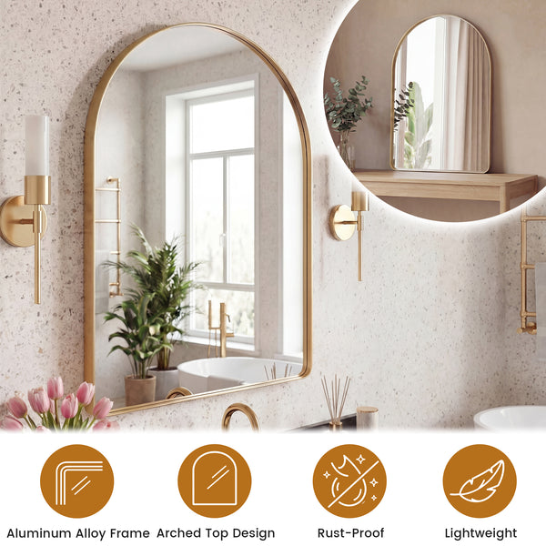 Sweetcrispy Arched-Top Rectangular Wall-Mounted Mirror – Aluminum Frame, HD Tempered Glass, Perfect for Bathroom, Bedroom & Living Room