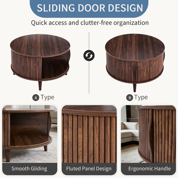 Sweetcrispy Round Flip-Top Coffee Table with Storage, Wood-Look Finish