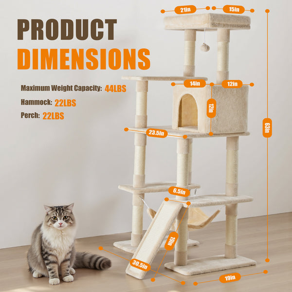 Sweetcrispy 63 Inch Plush Cat Tree Tower with Condo and Sisal Posts