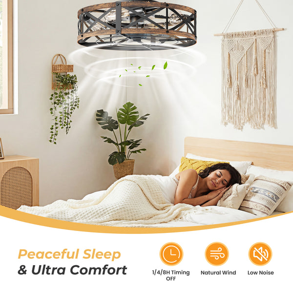 Sweetcrispy Farmhouse Caged Ceiling Fan with Light Flush Mount Fandelier Remote Dimmable LED for Bedroom Living Room Kitchen