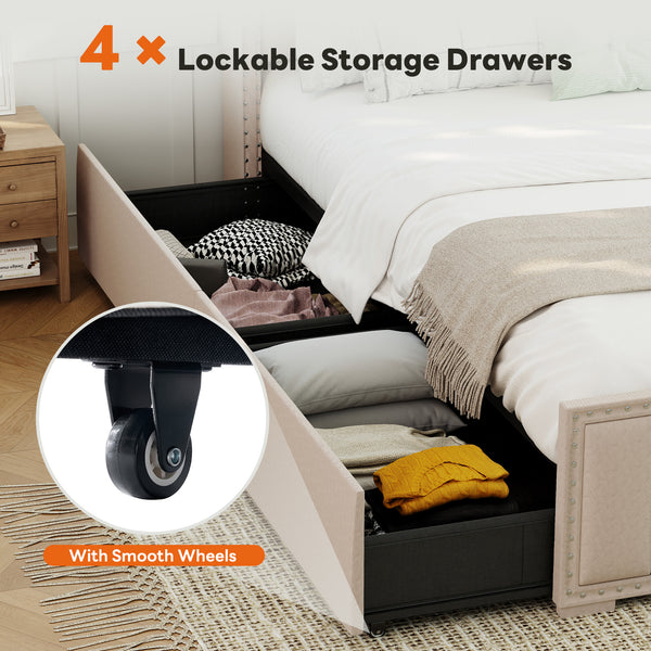 Sweetcrispy Upholstered Bed Frame with 4 Storage Drawers, Headboard, and Power Outlets