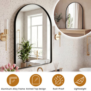 Sweetcrispy Arched-Top Rectangular Wall-Mounted Mirror – Aluminum Frame, HD Tempered Glass, Perfect for Bathroom, Bedroom & Living Room