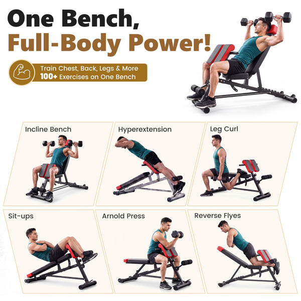 Sweetcrispy Adjustable Weight Bench, Foldable Strength Training Bench with 6 Backrest Positions, Incline Decline Flat Modes, 660 lbs Capacity for Home Gym Workout