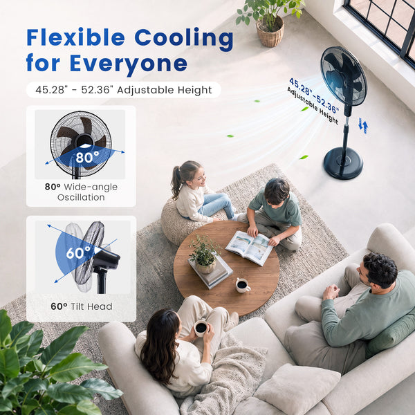 Sweetcrispy 16" Pedestal Fan with Remote, 3-Speed, 80° Oscillating, Height Adjustable, 15H Timer, Quiet Energy-Efficient
