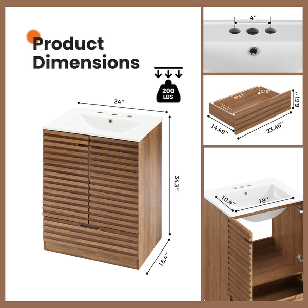 Sweetcrispy 24" Rustic Bathroom Vanity with Sink, 2 Doors and 1 Drawer