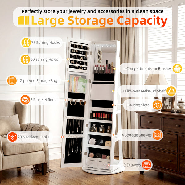 Sweetcrispy 360° Rotating Jewelry Cabinet with Round Rolling Swivel Base, Built-in Bright LED Lights, Large Capacity Space-Saving Vertical Jewelry Armoire