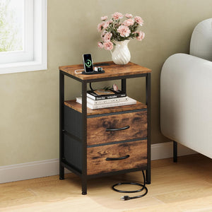 SWEETCRISPY 2-Drawer Nightstand with Charging Station, USB & Type-C Ports, Adjustable Fabric Drawers, Sturdy Metal Frame, Space-Saving Design for Bedroom & Living Room
