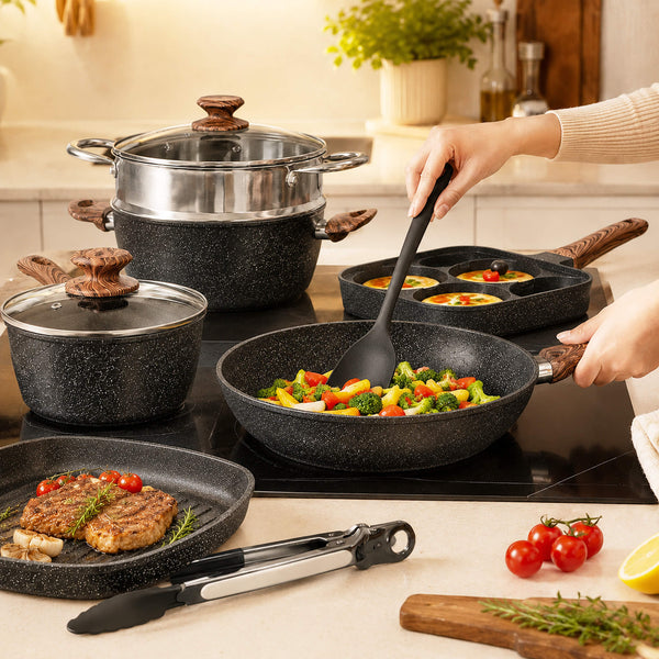 Sweetcrispy 17-Piece Non-Stick Cookware Set with Detachable Handles