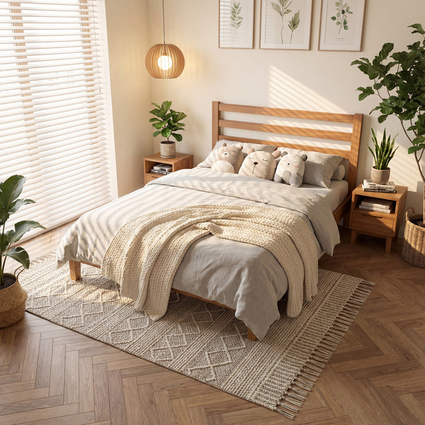 Sweetcrispy Basic Natural Solid Wood Platform Bed Frame with Headboard
