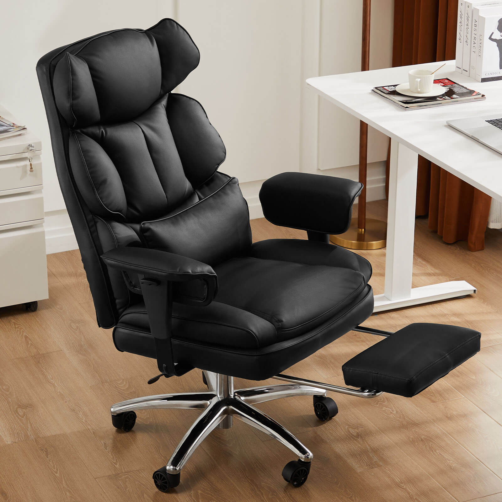Sweetcrispy Computer Chair Leather with Leg Rest for Office