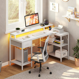 Sweetcrispy L Shaped Computer Gaming Desk with USB Charging Ports & LED Lights, Reversible Corner Table with Power Outlets Monitor Stand for Home Office