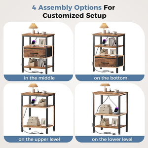Sweetcrispy Adult 1-Drawer Nightstand with Charging Station, USB & Type-C Ports, Metal Frame