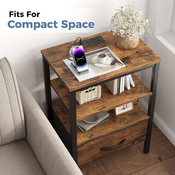 Sweetcrispy Adult 1-Drawer Nightstand with Charging Station, USB & Type-C Ports, Metal Frame