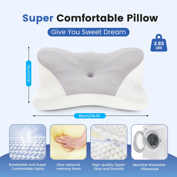 SWEETCRISPY Queen Size Cervical Neck Pillow, Memory Foam with Ice Silk Cover, Ergonomic Contour Design, Cooling & Breathable