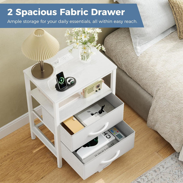 SWEETCRISPY 2-Drawer Nightstand with Charging Station, USB & Type-C Ports, Adjustable Fabric Drawers, Sturdy Metal Frame, Space-Saving Design for Bedroom & Living Room