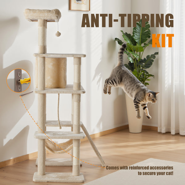 Sweetcrispy 63 Inch Plush Cat Tree Tower with Condo and Sisal Posts