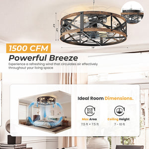 Sweetcrispy Farmhouse Caged Ceiling Fan with Light Flush Mount Fandelier Remote Dimmable LED for Bedroom Living Room Kitchen