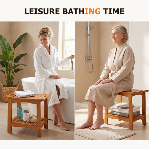 Sweetcrispy Teak Shower Bench, Adjustable Shower Stool with Non-Slip Seat for Bathroom, Tub, Spa and Outdoor Use