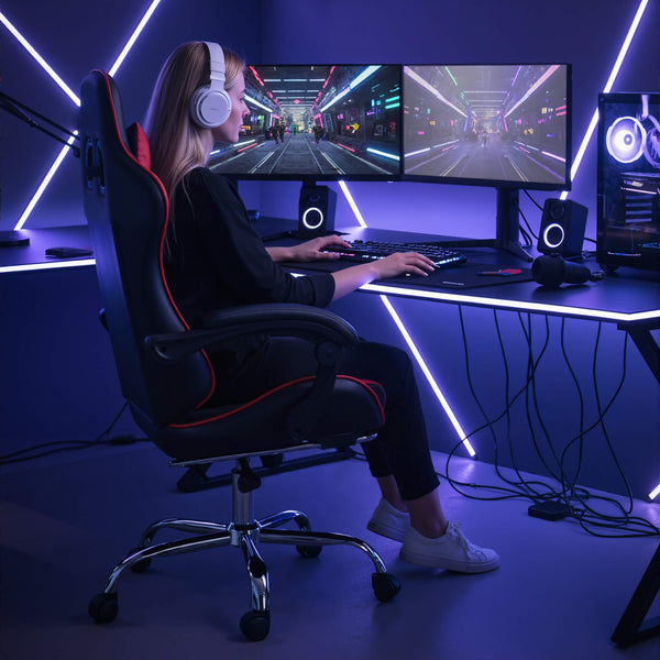 Sweetcrispy Gaming Chair with Footrest Upholstered Armrests for Home Office