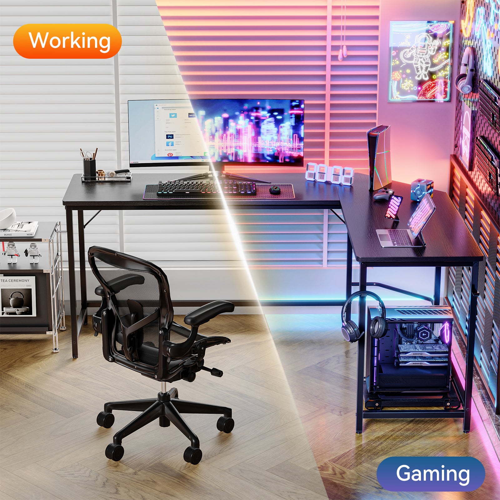 Sweetcrispy L-shaped Computer Desk with CPU Stand and Side Hooks