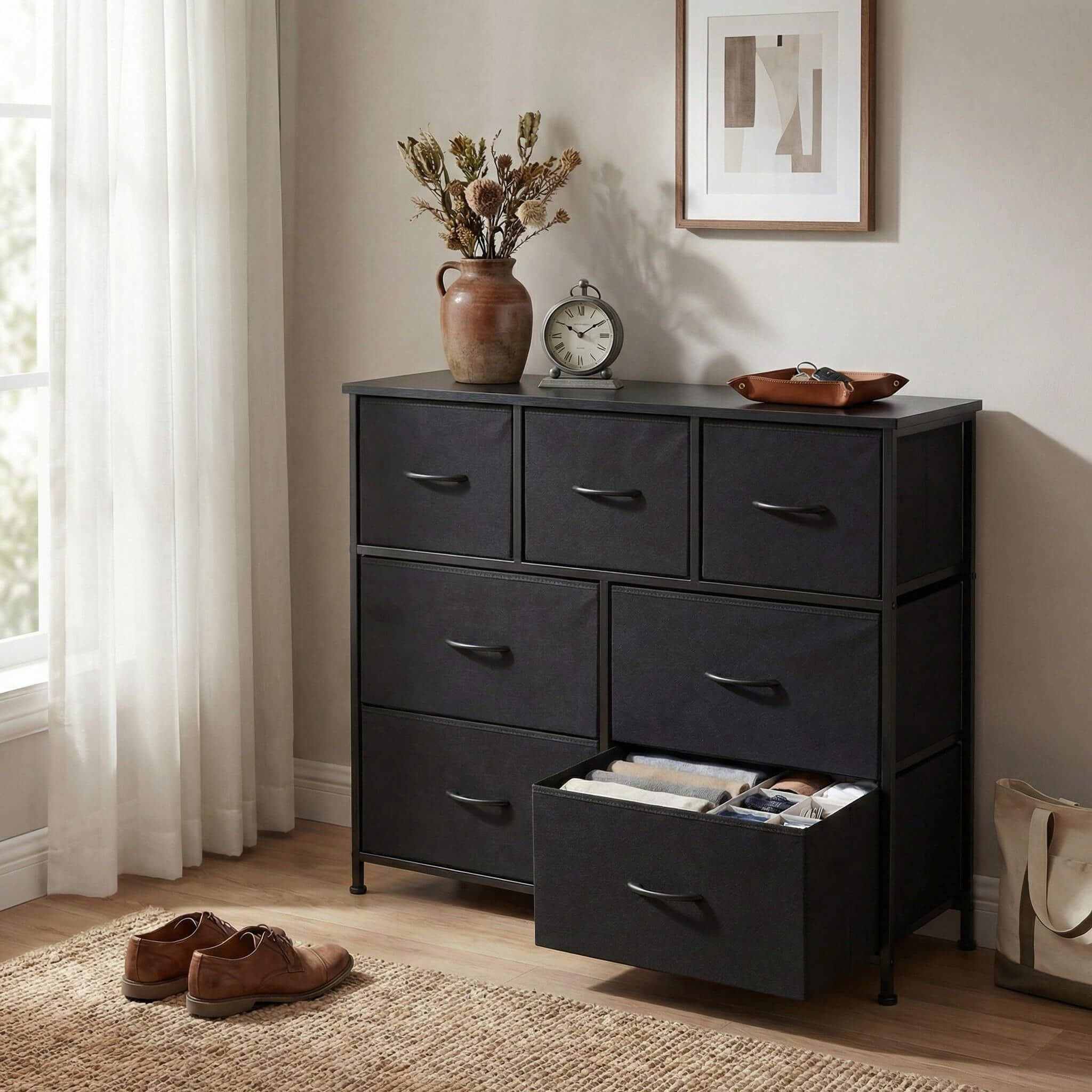 Sweetcrispy Wooden Top Dresser with 7 Fabric Storage Drawers Dark Green