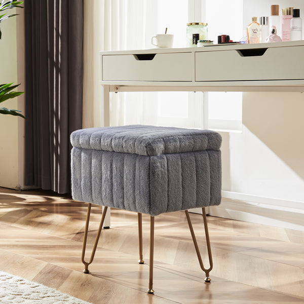 Sweetcrispy Vanity Stool Chair with 4 Metal Legs Anti-Slip Adjustable Feet, Faux Fur Seat, Storage Space