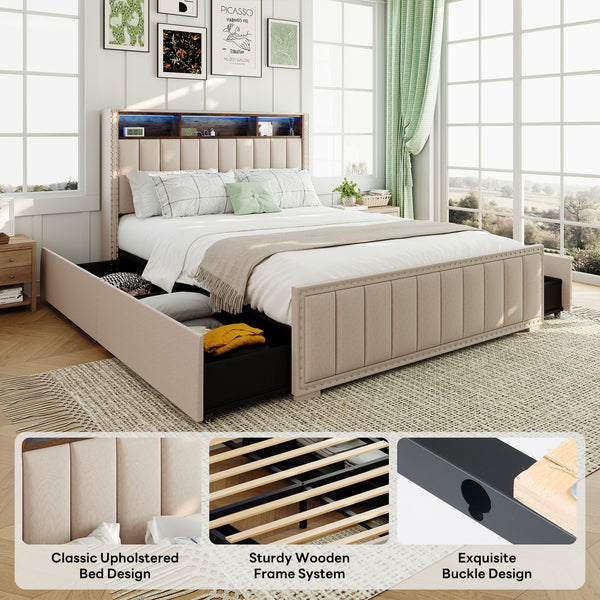 Sweetcrispy Upholstered Bed Frame with 4 Storage Drawers, Headboard, and Power Outlets
