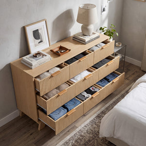 Sweetcrispy Modern Fluted 9-Drawer Dresser, Wide Wood Chest with Metal Handles, Natural Oak