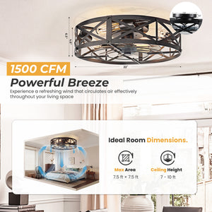Sweetcrispy Farmhouse Caged Ceiling Fan with Light Flush Mount Fandelier Remote Dimmable LED for Bedroom Living Room Kitchen