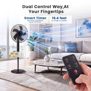 Sweetcrispy 16" Pedestal Fan with Remote, 3-Speed, 80° Oscillating, Height Adjustable, 15H Timer, Quiet Energy-Efficient