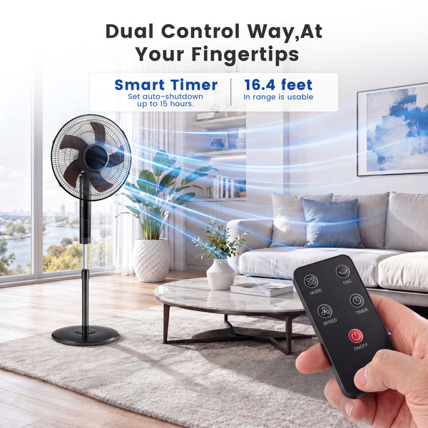 Sweetcrispy 16" Pedestal Fan with Remote, 3-Speed, 80° Oscillating, Height Adjustable, 15H Timer, Quiet Energy-Efficient
