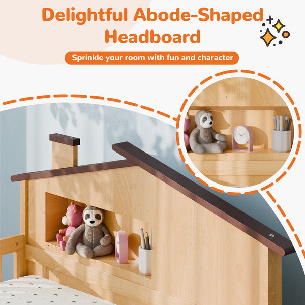 Sweetcrispy Solid Wood Twin Bed Frame with House Headboard & Guardrails for Children