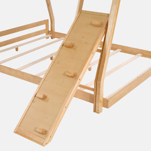 Sweetcrispy Bunk Bed Twin Over Full with Climbing Net & Ramp, Wooden Roof for Kids’ Bedroom