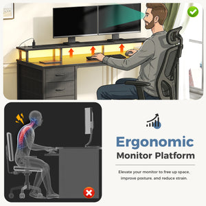 Sweetcrispy Computer Desk with 4 Drawers, Monitor Stand & LED Lights for Home Office