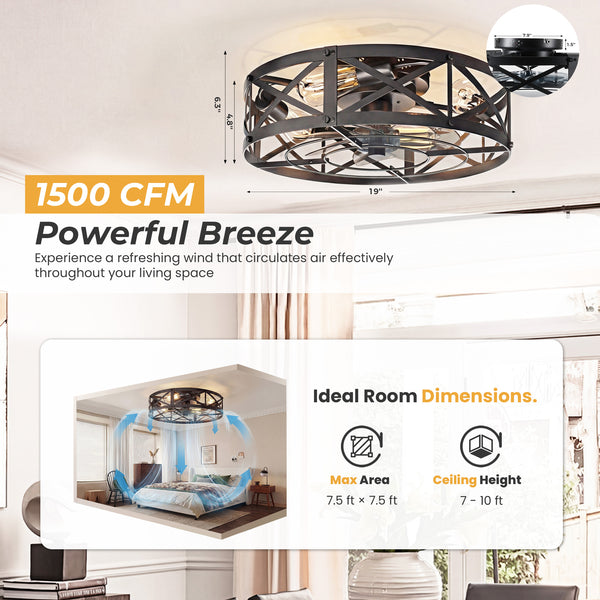 Sweetcrispy Farmhouse Caged Ceiling Fan with Light Flush Mount Fandelier Remote Dimmable LED for Bedroom Living Room Kitchen