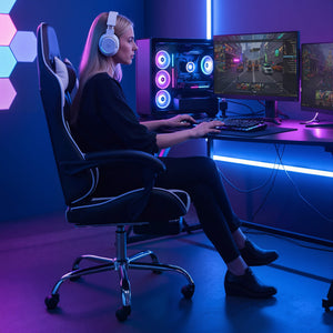 Sweetcrispy Gaming Chair with Footrest Upholstered Armrests for Home Office