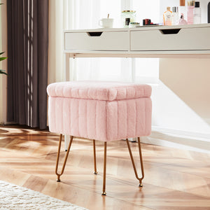 Sweetcrispy Vanity Stool Chair with 4 Metal Legs Anti-Slip Adjustable Feet, Faux Fur Seat, Storage Space