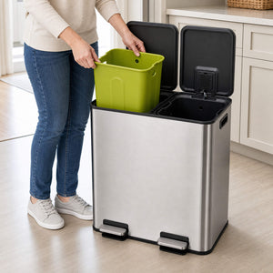 Sweetcrispy Double-Bin Stainless Steel Trash Can with Lid