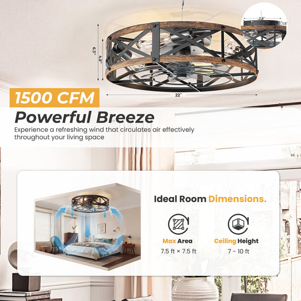Sweetcrispy Farmhouse Caged Ceiling Fan with Light Flush Mount Fandelier Remote Dimmable LED for Bedroom Living Room Kitchen